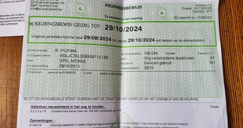Opel Mokka cena 41900 przebieg: 144035, rok produkcji 2013 z Czerniejewo małe 497